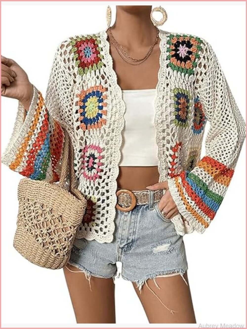 Floral Crochet Cardigan Boho Open Front Long Sleeve Knit Sweater - Picture 1 of 5